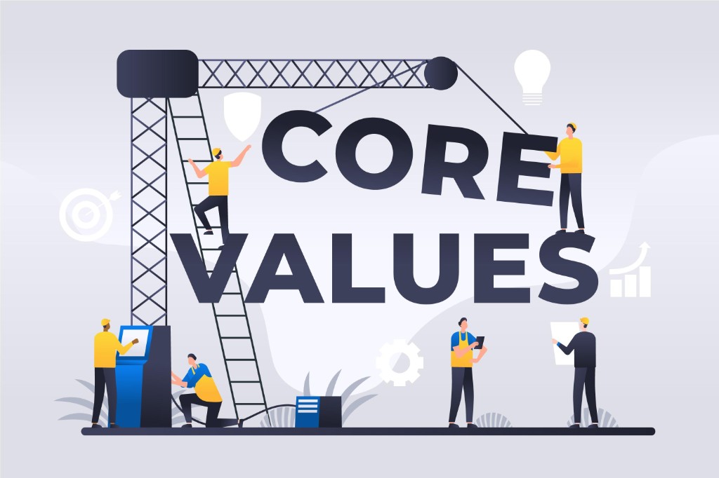 Illustration of a team assembling the words Core Values with cranes, ladders, and blueprints, representing foundational payout infrastructure