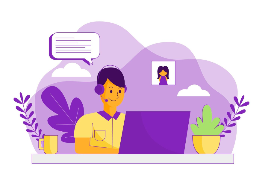 Illustration of a support agent with a headset at a laptop, speech bubble and customer profile, representing dispute and chargeback assistance