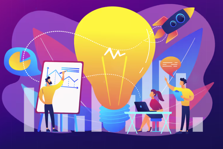 Illustration of innovation and growth: team with analytics, a central lightbulb idea, and a launching rocket