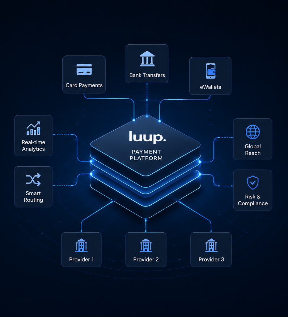 Luup payment platform isometric diagram with hub, connections, and provider nodes