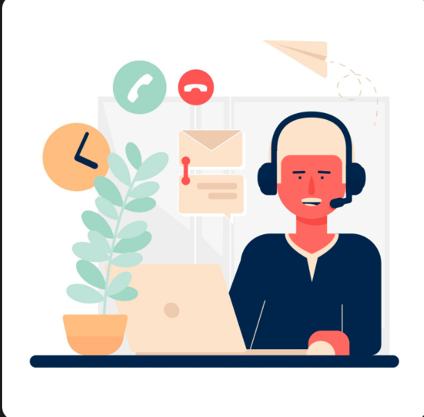 Illustration of a professional with a headset at a laptop, with icons for communication and time, representing operational oversight for reconciliation and reporting