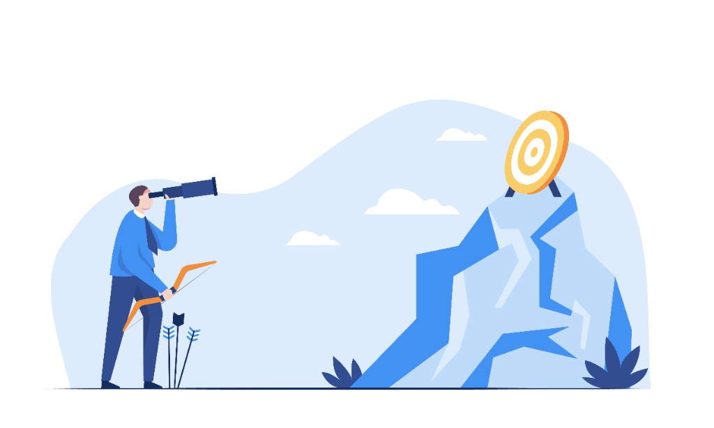 Illustration of a businessman with a bow and telescope aiming at a target on top of a mountain, representing goals and strategy