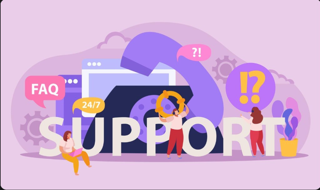 Illustration of customer support: SUPPORT lettering with people, phone, FAQ and 24/7 speech bubbles, lifebuoy, and help icons on a soft purple background